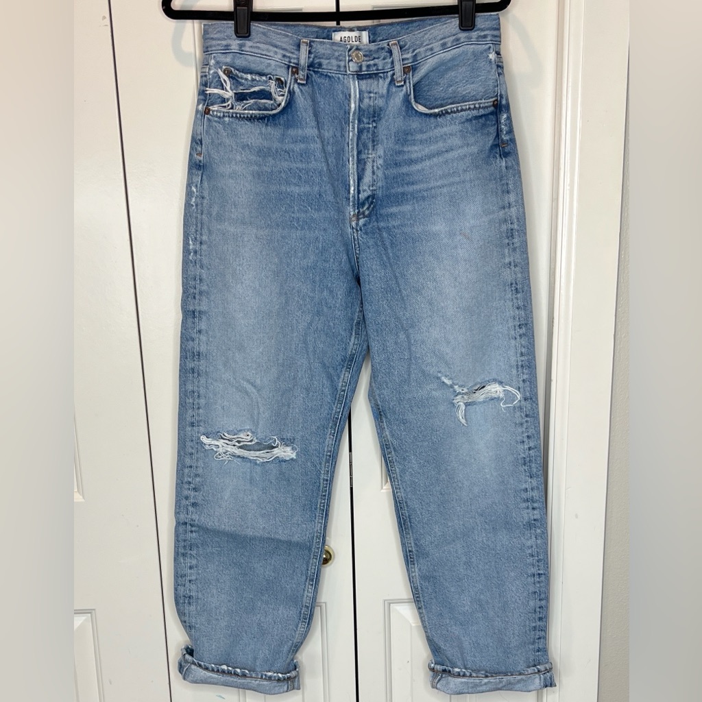 Agolde High-Rise Loose Fit, Button-Fly Straight Leg Distressed Jeans Size 28